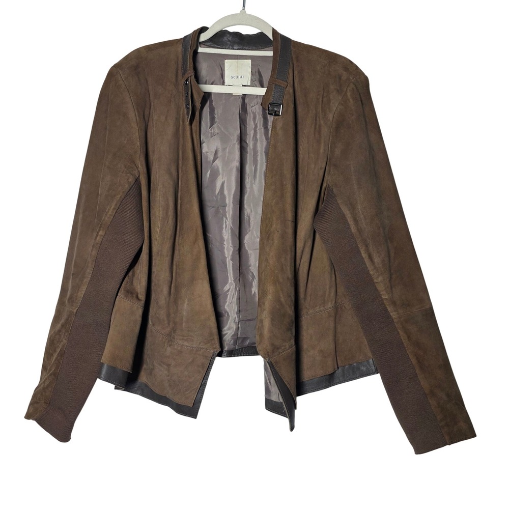 Sejour Brown Suede Leather Moto Jacket Buckle Collar Plus Size 16W SJ314838WN